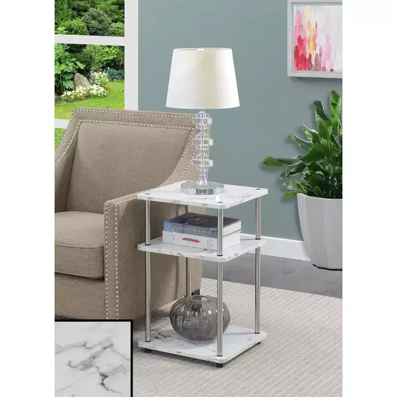 Belmont Three Tier End Table with Stainless Steel Legs, Open Particleboard Shelves, Sleek Contemporary Modern Design