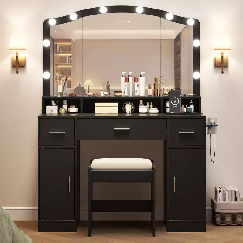 COZONY Vanity Desk with Mirror & Lights - Makeup Vanity Table Set with Stool, 3 Drawers, Cabinets & Charging Station