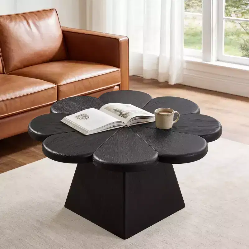 Art Leon Modern Coffee Table, Petal Shape Circle Center Table with Rubber Wood Base for Living Room