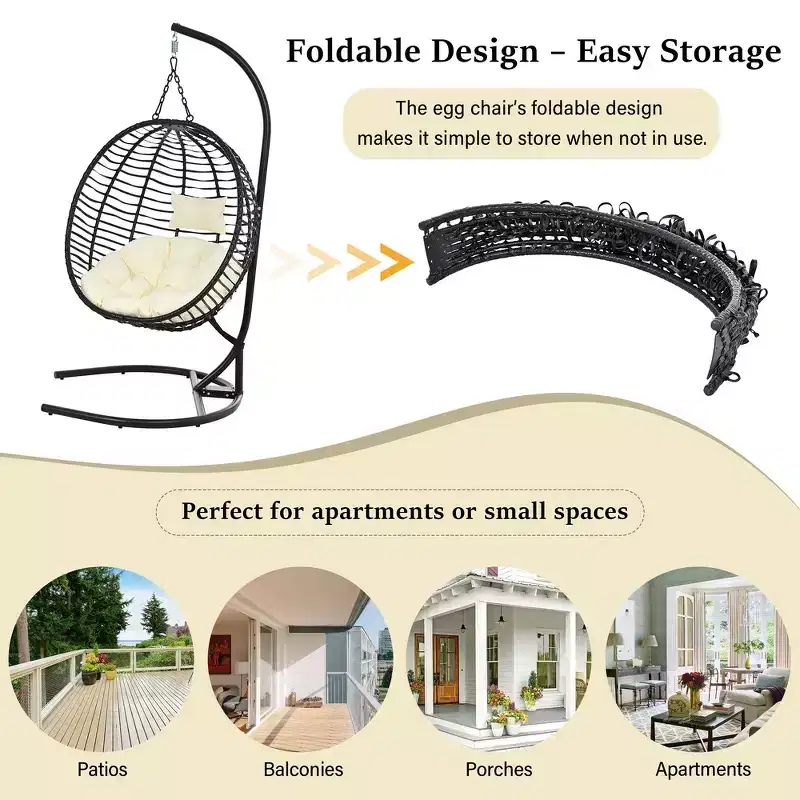 Whisen Single Person Folding Egg Chair with Stand, Hammock Swing Chair with Adjustable Anti-Slip Feet