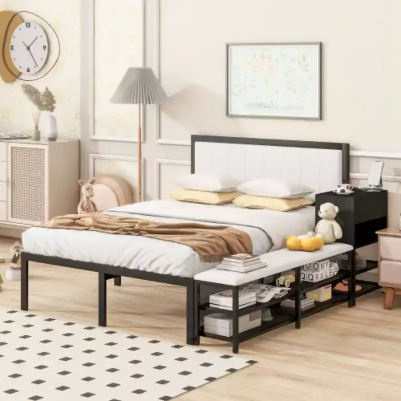 Full-Size Metal Platform Bed with Two-Level Storage Shelves and Wooden Storage Cabinet