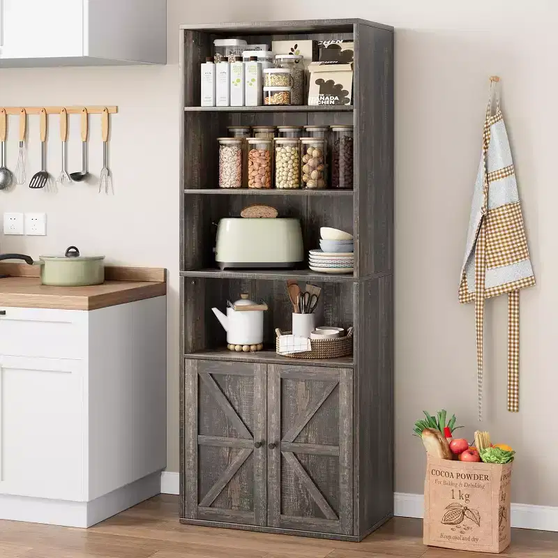 Industrial Oak Bookcase with Doors, 4-Shelf Storage Display, 71.4in Tall, 11.8in Depth, for Bedroom/Living Room/Home Office