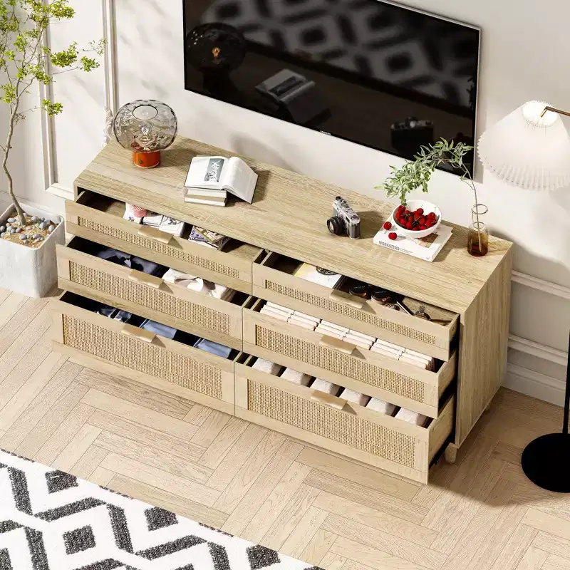 JVNOXK 59-inch rattan 6-drawer dresser, bedroom clothing storage cabinet, metal handles and wooden legs, suitable for bedrooms, natural color