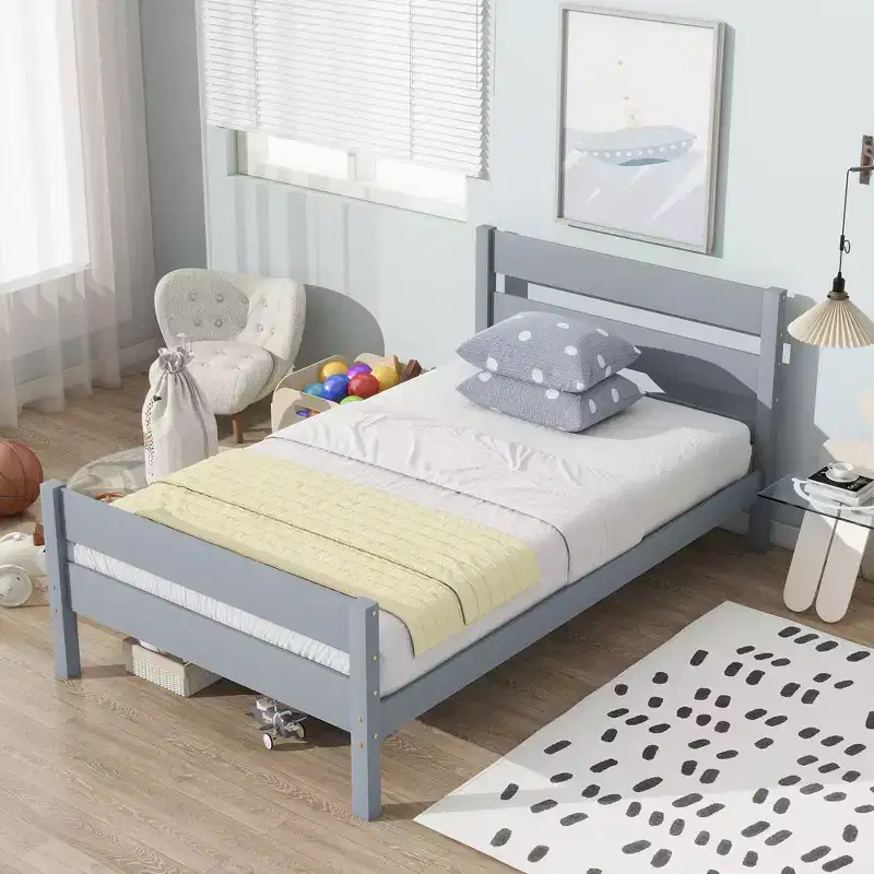 MATEERTY Twin Bed with Headboard Gray