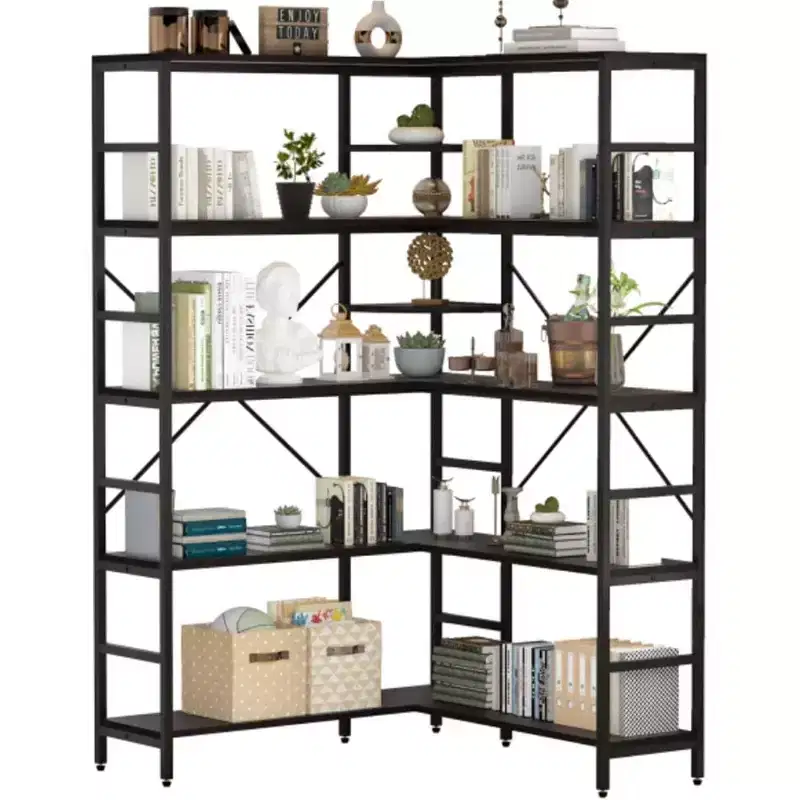 5 Tier Corner Shelf, industrial Bookshelves, l Shape Tall Bookcase,Freestanding Display Shelf for Living Room, Home Office