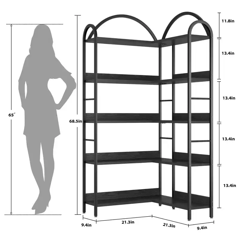 Arched Bookshelf Corner Bookcase, L Shaped Industrial Corner Bookshelf with Metal Frame, Corner Display Rack for Living Room Bedroom