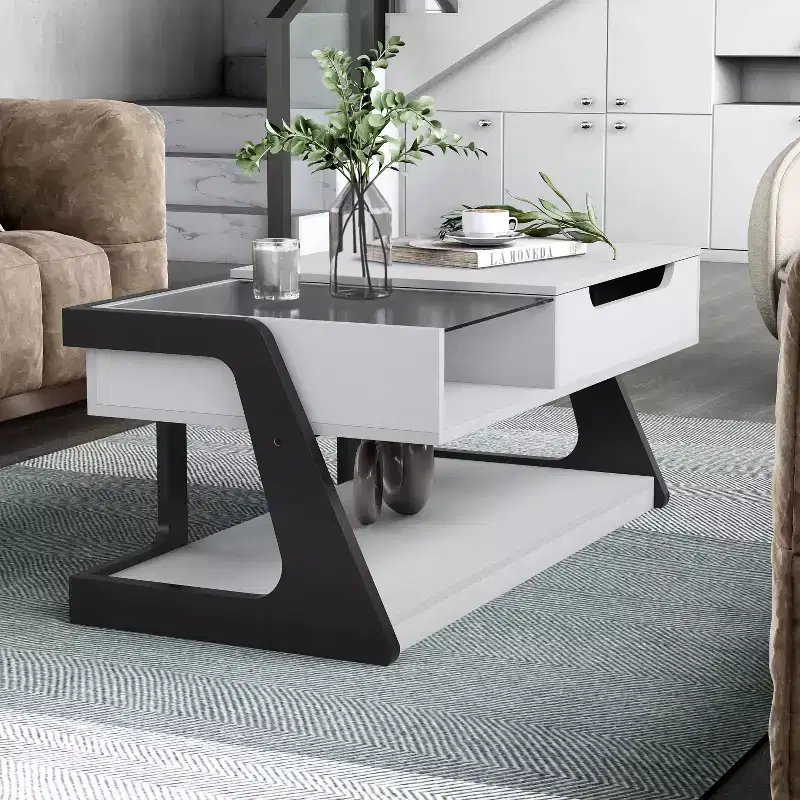 49" Castleridge Modern Lift Top Coffee Table White/Black - miBasics: Adjustable Height, Tempered Glass, Storage Shelf
