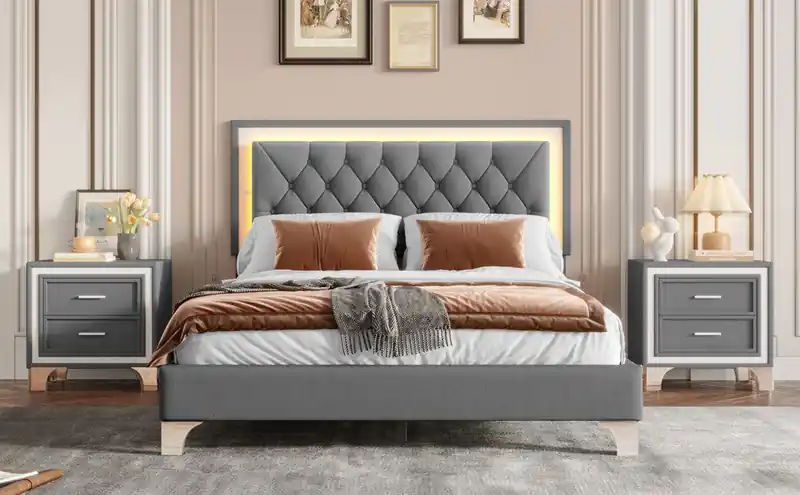 3 Piece Velvet Tufted Headboard Bedroom Set With Upholstered Bed And Led Lights,queen Size,grey Queen Bed