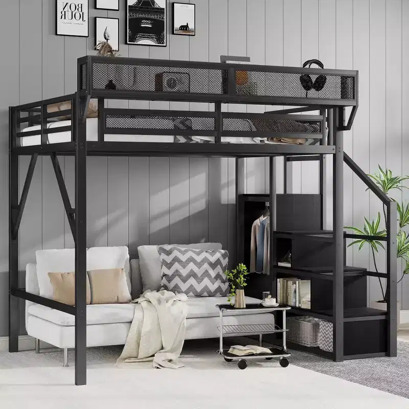Full Size Black Metal Loft Bed with Stairs, Storage Steps & Mesh Shelf, 1-Person