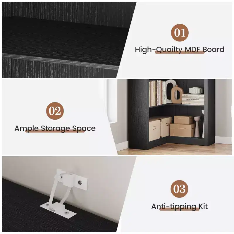 Black/White/Wood/Retro, L-Shaped Corner Bookshelf, 5-Tier, Single