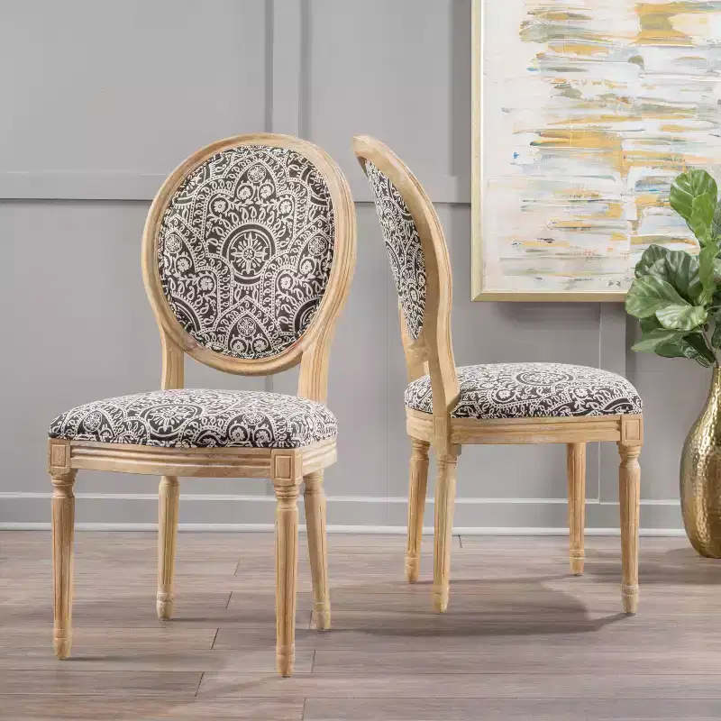 Set of 2 Traditional Upholstered Dining Chairs with King Louis Back and Rubberwood Frame