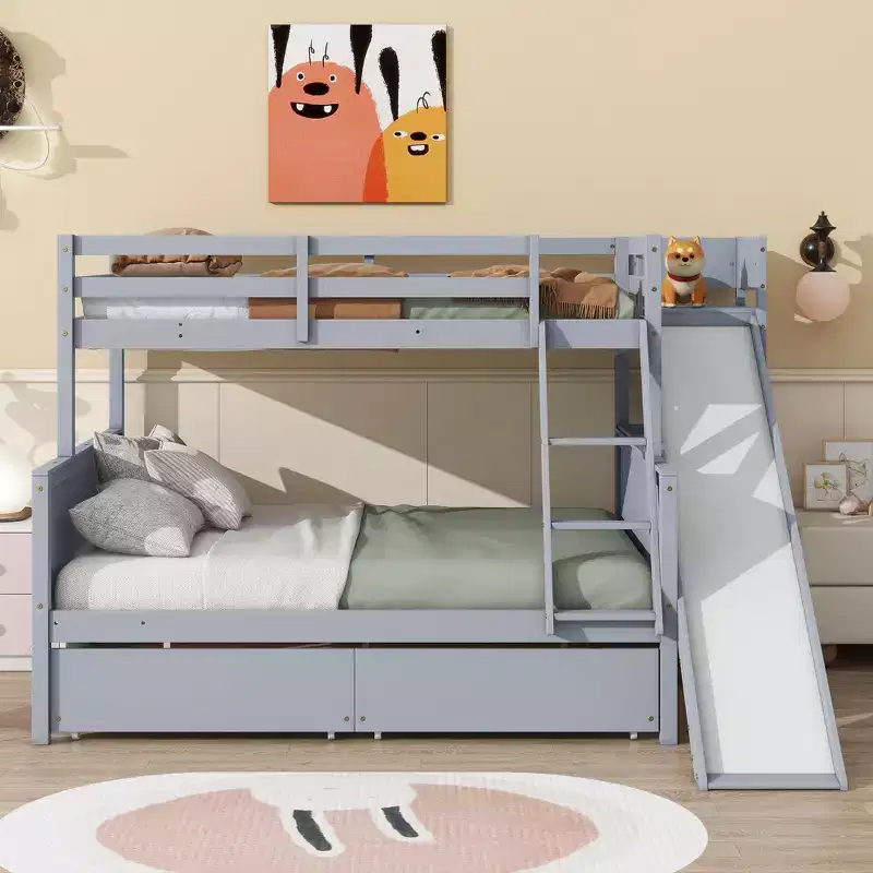 Twin over Full Bunk Bed with 2 Drawers, Shelves, Slide, Ladder, Safety Guardrails and Rubber Wood Frame, White/Grey