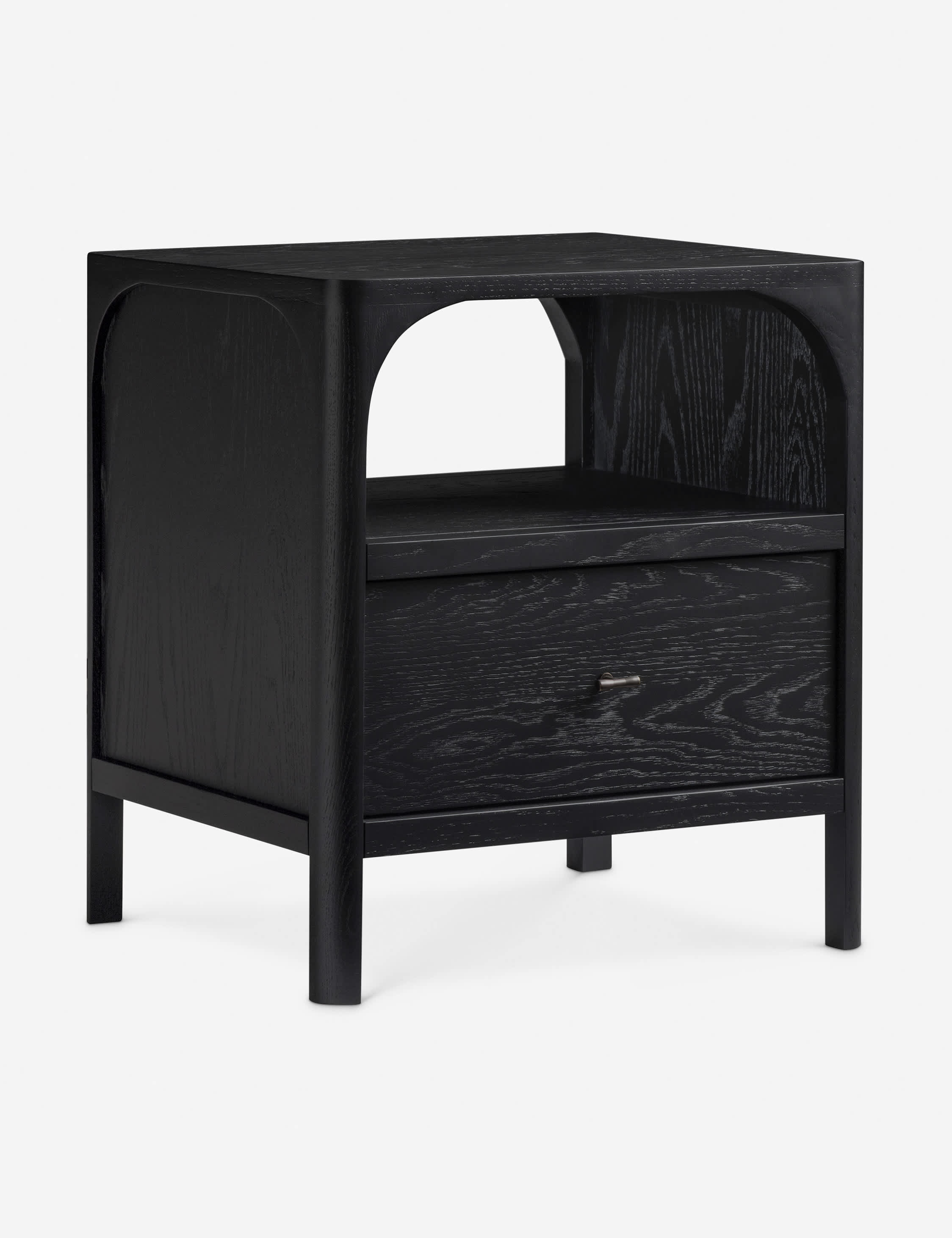 Nightstand - The nightstand keeps streamlined with an architectural silhouette softened by an arched open shelf