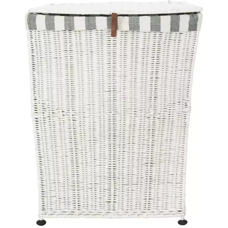 Rattan Laundry Basket with Lid – White, Mahogany Frame, 20 Gallon