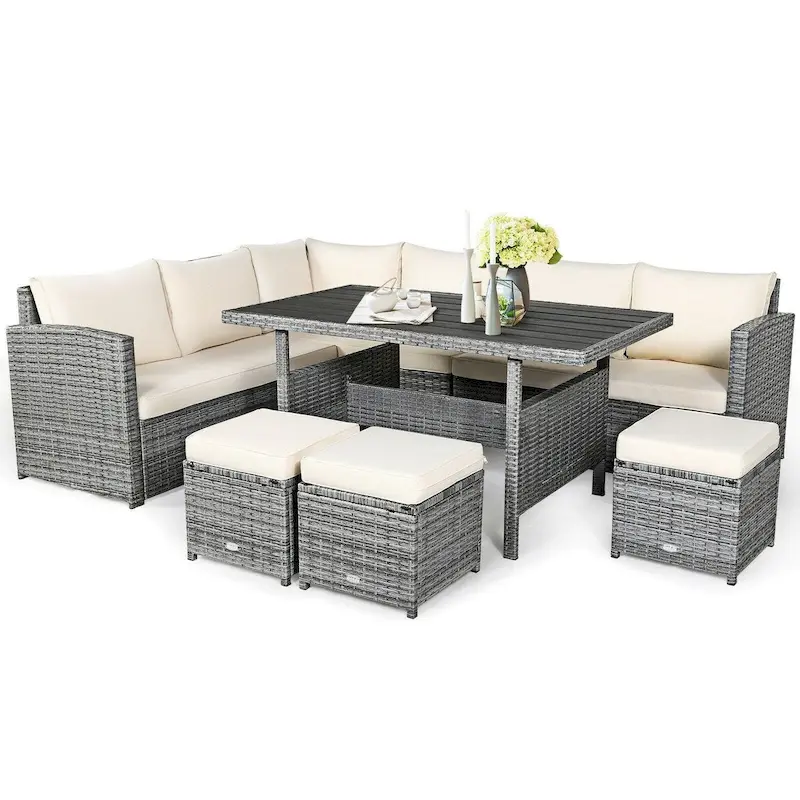 7 Pcs All-Weather Patio Rattan Dining Furniture Sectional Sofa Set with Wicker Ottoman and Cushed Couch