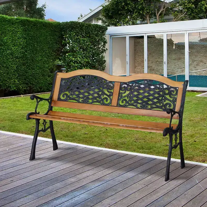 50 Outdoor Garden Bench, Park Patio Bench Loveseat & Metal Frame with Plastic Flourish Backrest