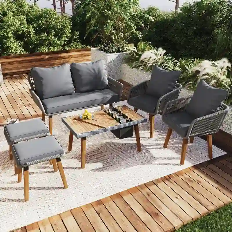 6-Piece Rope Patio Furniture Set with Acacia Wood Cool Bar Table