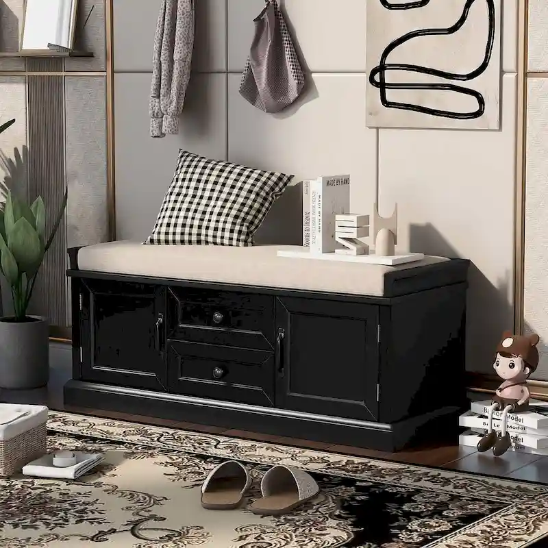 Farmhouse Upholstered Storage Bench with 2 Drawers and 2 Cabinets
