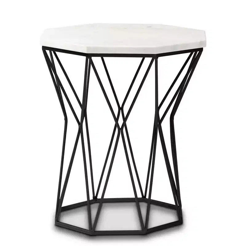 Metal End Table with Marble Tabletop, Black, Rectangle Side Table, No Assembly Required