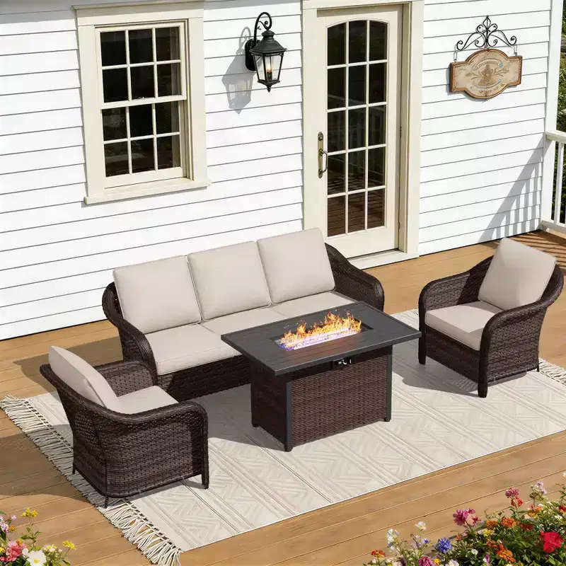 UPTIOT All-Weather Outdoor Lounge Set with Fire Pit - 1 Sofa, 2 Chairs & Fire Table