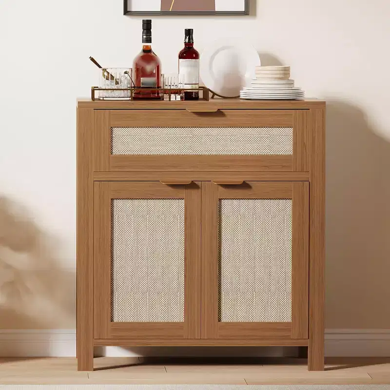 Buffet Cabinet, Modern Wood Rattan Storage Sideboard with Adjustable Shelves & Drawers, Versatile Credenza