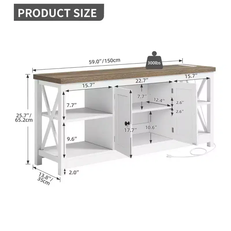 TV Stand up to 65 Inches with Power Outlets, Farmhouse Entertainment Center Cabinet with Storage Shelves for Living Room,White &Grey Wash