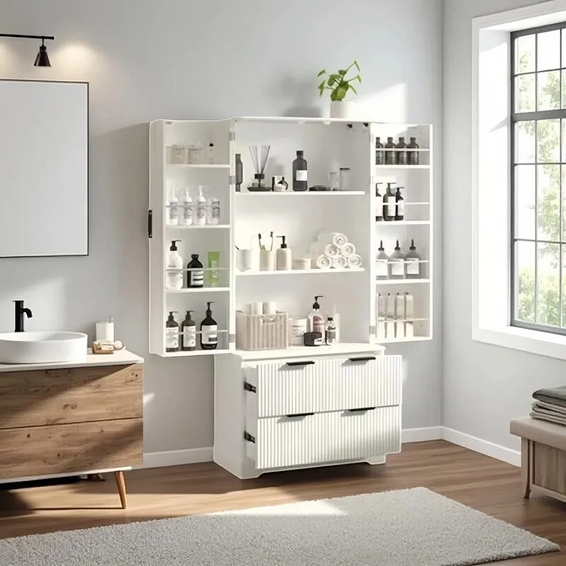 Bathroom Storage Cabinet with 2 Drawers, 8-Door Rack and 3 Shelves