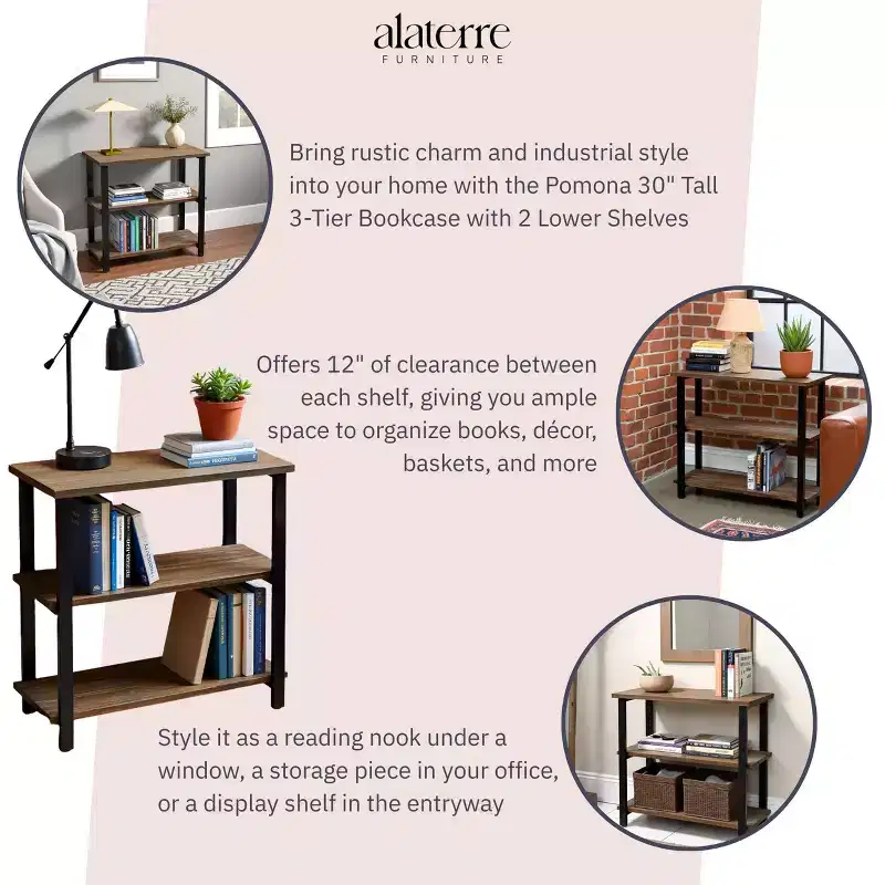 31" Pomona 2 Shelf Bookshelf Metal and Solid Wood Natural - Alaterre Furniture