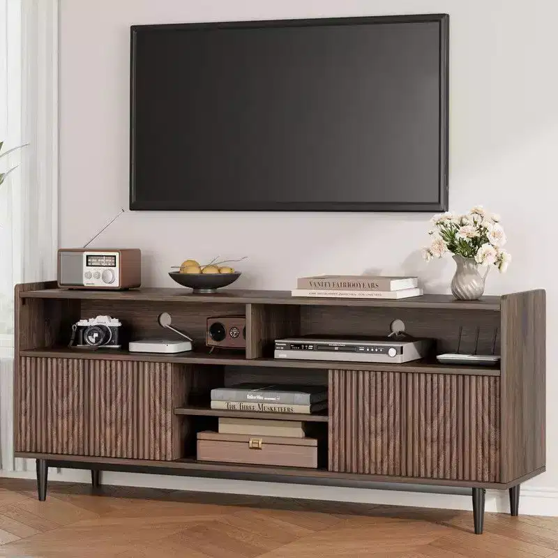 Fluted TV Stand for 75 Inch, Boho Entertainment Center with Sliding Doors, Wood Media Cabinet Furniture with Adjustable Shelves