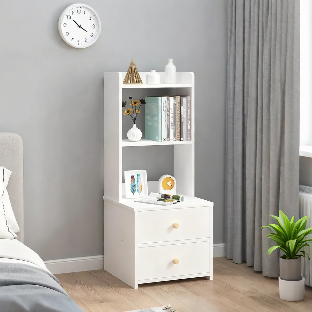 Modern Tall Wood Spacious Shelves 2-Drawer Nightstand