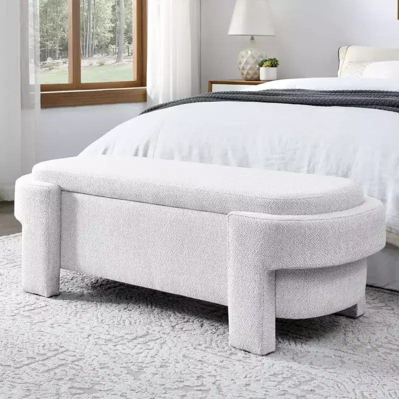 Okak Oval Storage Ottoman with Large Storage Space, Storage Bench with Decorative Wooden Legs and Linen Cushions, Entryway Bench