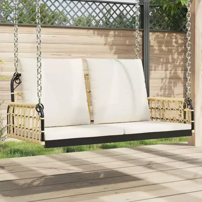 vidaXL Swing Bench Brown, Black, Cream White PE rattan, Powder-coated steel