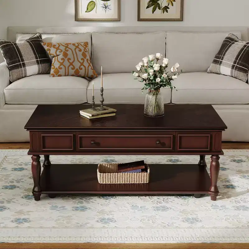 Retro Rubberwood Coffee Table with One Drawer, Shelf and Lockable Wheels
