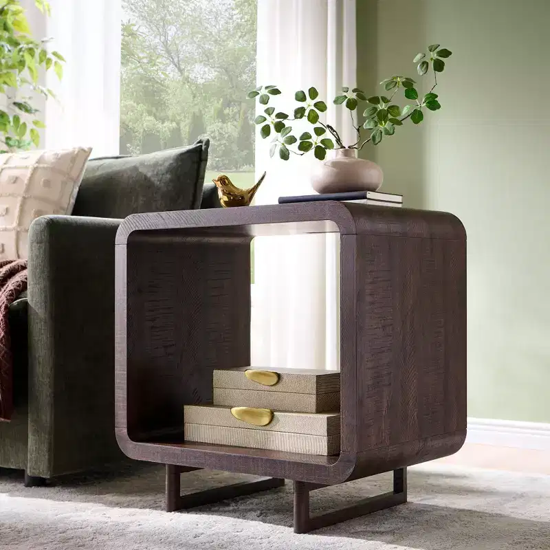 End Table with Charging Station, 23.6 Wood Nightstand with Open Shelf Storage, Modern Side Table for Living Room, Bedroom