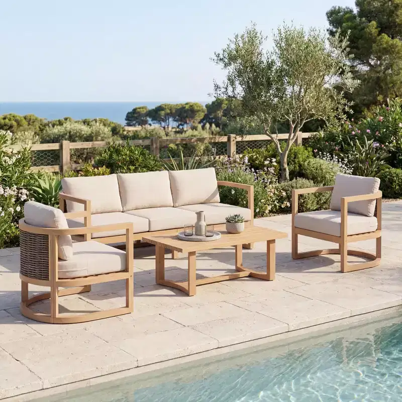 Christopher Knight Home Susan 4 Piece Patio Farmhouse Acacia Wood Rattan Seating Set with Slatted Table
