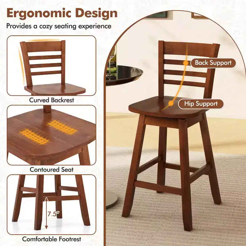 Costway 2 PCS 24.5 Counter Height Bar Chairs Swivel Bar Stools with Hollow Backrest Brown/White