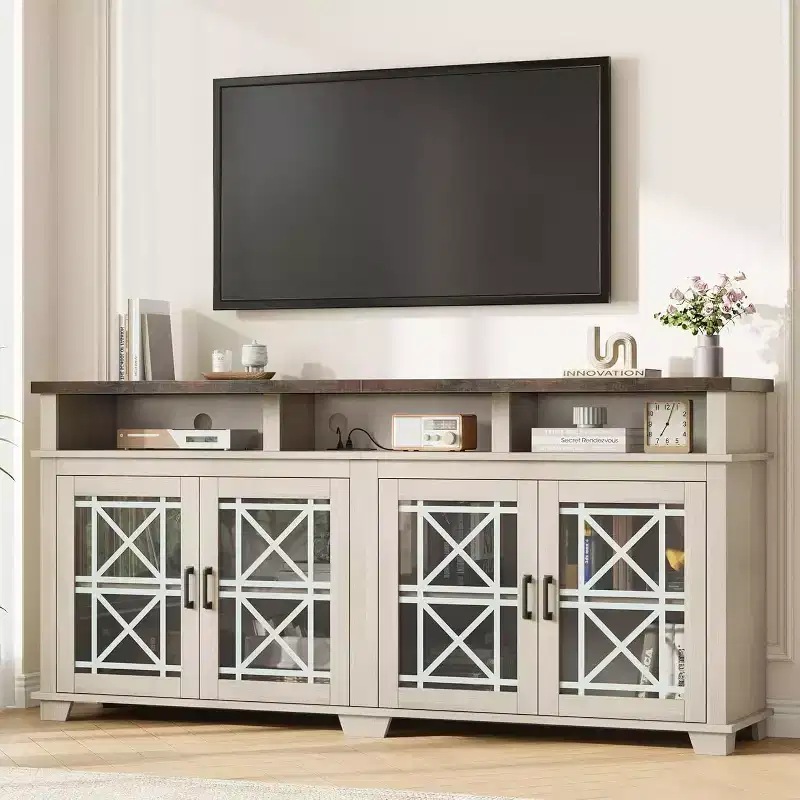 Farmhouse TV Stand for 70 Inch TV, Modern Entertainment Center with Glass Doors and Storage, Media Console Cabinet for Living Room, White
