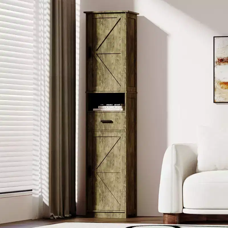 Okak Tall Bathroom Storage Cabinet, 69 Freestanding Cabinet with Adjustable Shelves, Doors & Anti-Tipping Device for Kitchen & Living Room