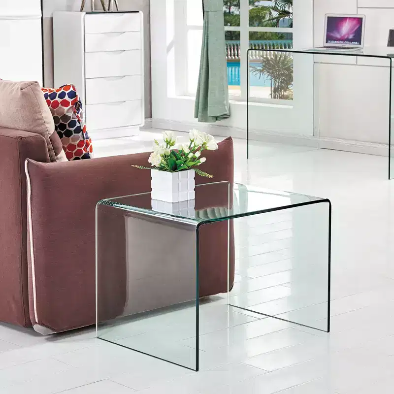 Tempered Bent Glass End Table, Modern Transparent Side Table for Living Room