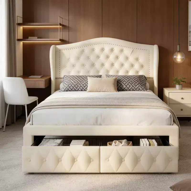 Dyonery Queen Size Platform Bed Frame, Velvet Upholstered Bed with Deep Button Tufted & Nailhead Trim Wingback Headboard/No Box Spring Needed