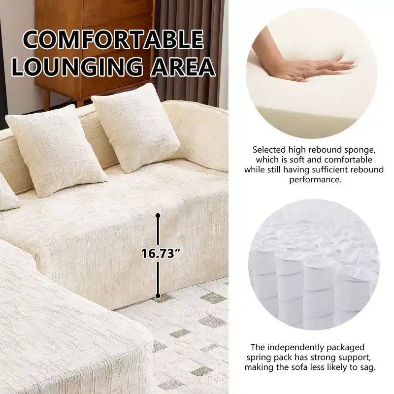 Clihome High-Elastic Chenille L-Shaped Sofa - Curved Armrests & 4 Free Pillows Included