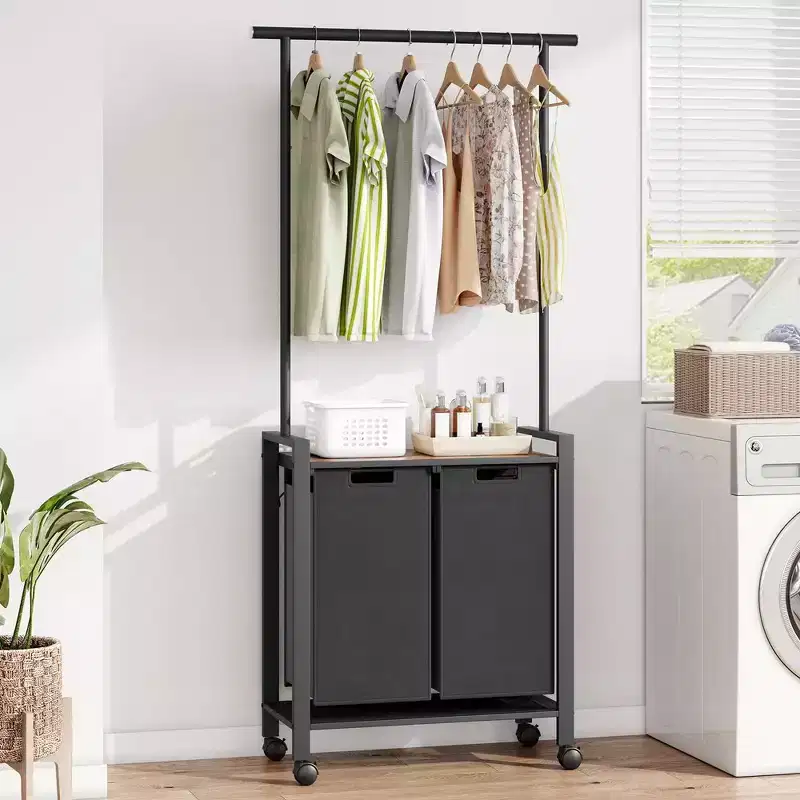 Laundry Sorter, Rolling Laundry Hamper with Hanging Rack, Laundry Hamper 3-Section with Wheels, Rustic Brown