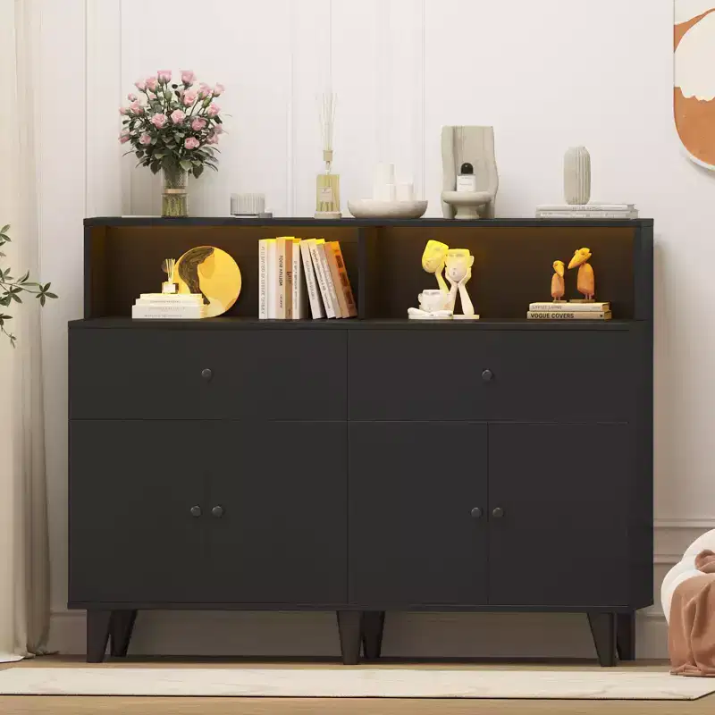 47.2 Coffee Bar Cabinet with Power Outlets, Buffet Sideboard with 2 Drawers, 4 Doors & Shelves