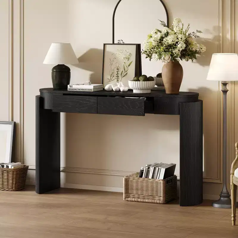 MAYEERTY Console Table with Natural Wood Grain Finish Fluted Design Oval Top and 2 Drawers for Entryway and Living Room Black