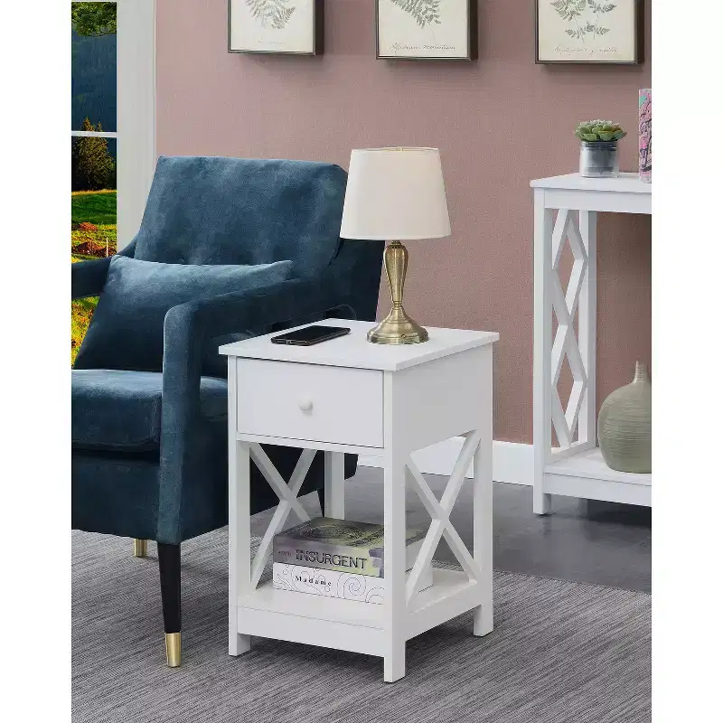 HomeStock Belmont 1 Drawer End Table with Clean Lined Design, Two Tier Shelves and Pull Out Drawer, Compact Accent Table for Living Room