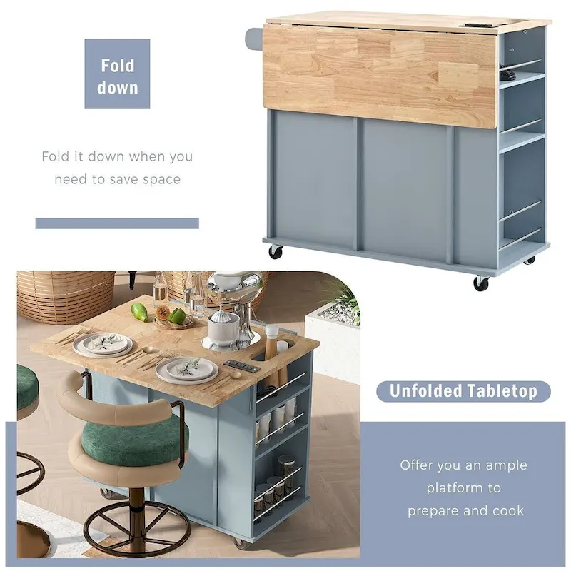 Kitchen Island Cart with Wheels ,Power Outlet, Drop Leaf, Wine Rack