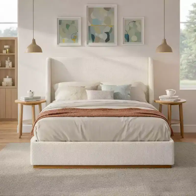 ModernLuxe Luxury Wingback Upholstered Platform Bed, Queen/King Size Bed Frame with Solid Rubberwood Legs, White