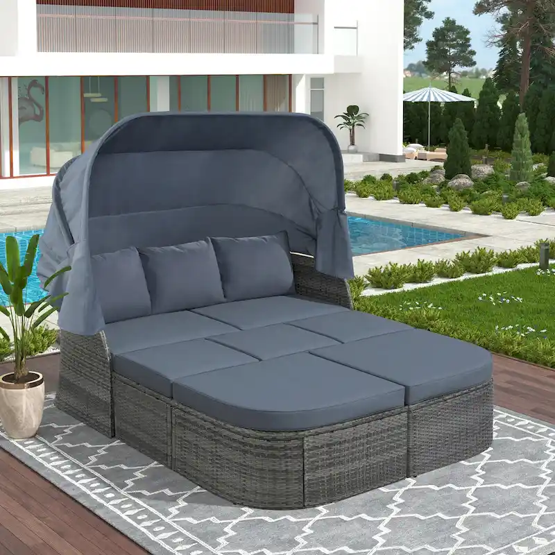 Modular Daybed Sunbed Patio Canopy Bed Wicker Conversation Set