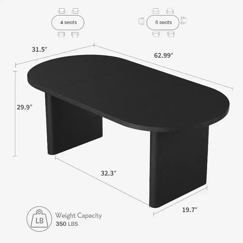 Modern Farmhouse Oval Dining Table 63 Long, Seats 6-8, Sturdy Wood Pedestal Base, Water Resistant, Easy Assembly for Living Room, Office,Black