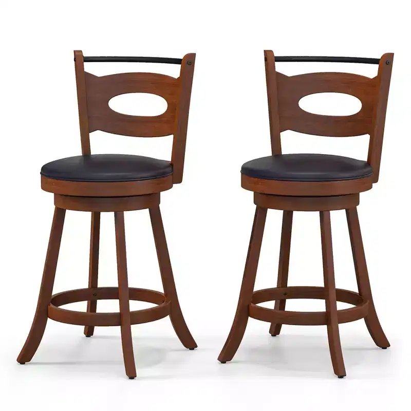 Costway Set of 2 Bar Stools 360 Swivel Dining Chairs Solid Rubber Wood Leather Padded Seat Counter Height
